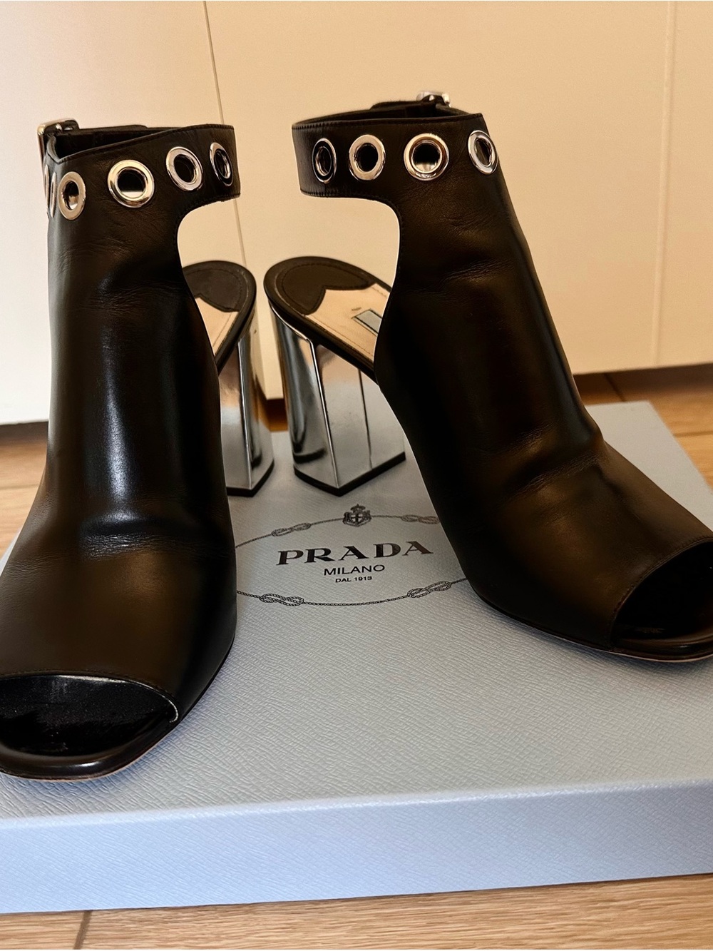 Prada Black Leather Grommet Open-Toe Metallic Block Heel Sandals